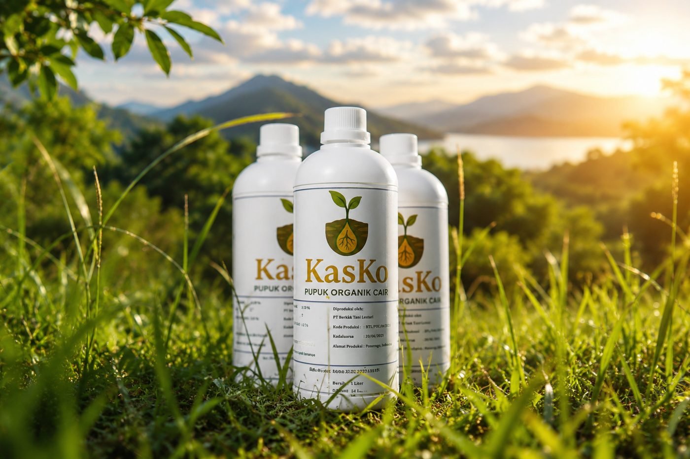 KasKo 1L liquid organic fertilizer bottles in a highland landscape